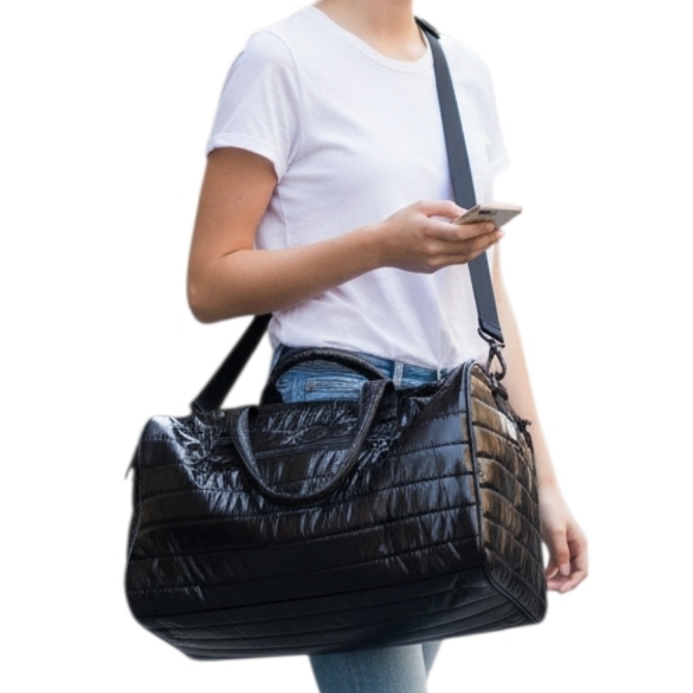 Adrienne Vittadini Black Quilted Nylon Duffle Travel Overnight Bag